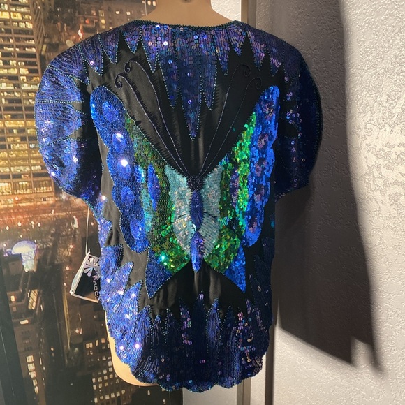 PHOOL - NWT - top: vintage black s/s sequins / butterfly, shldr pads, lining - L - Picture 15 of 16